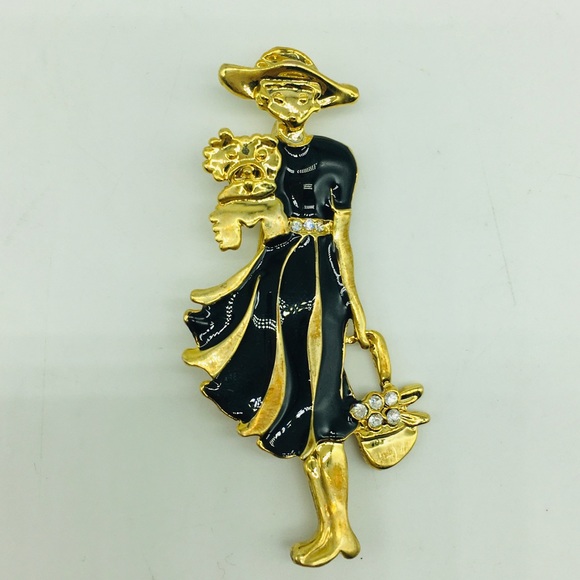 Vintage Jewelry - Vintage Gold Tone Fashionista Lady Woman with Dog Rhinestone pin brooch